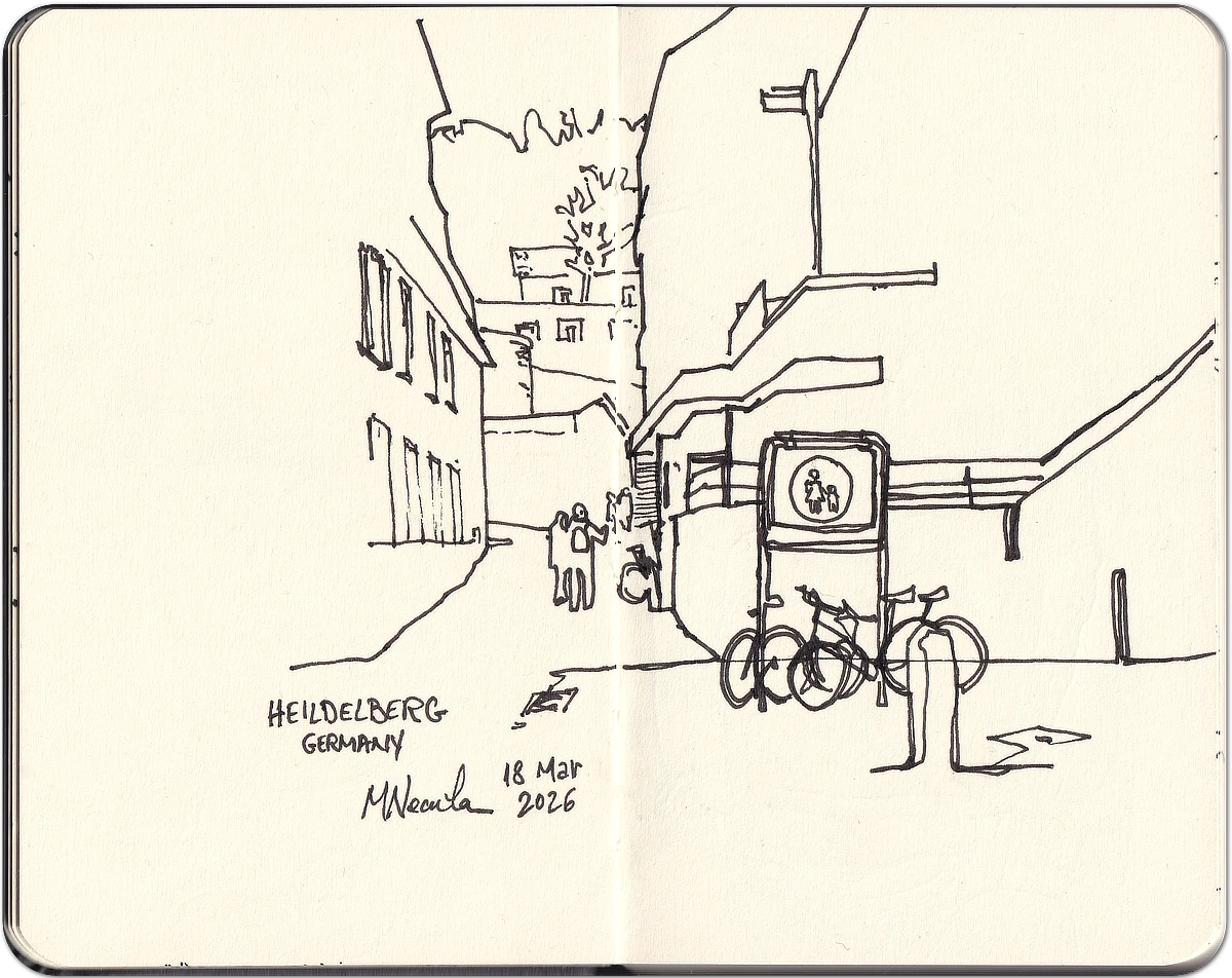 Line sketch of a back alley in Heidelberg